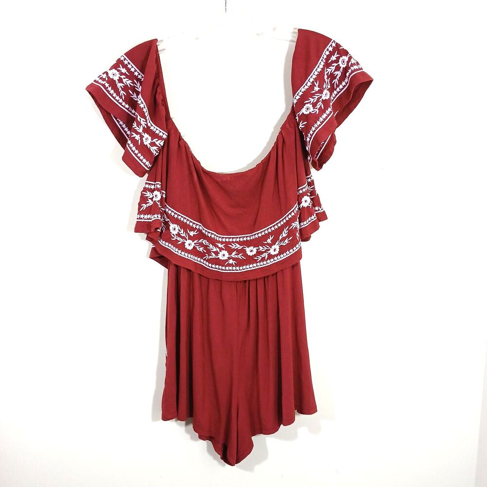 American Eagle Burgundy Romper Off the Shoulder Embroidery - Picture 6 of 9